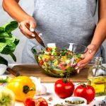 Person tossing a fresh vegetable salad surrounded by bell peppers, tomatoes, leafy greens, broccoli, and olive oil.